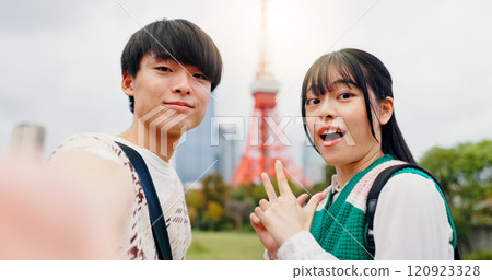 Couple, portrait and outdoor with selfie for social media, travel journal and excited at Tokyo tower. Japanese man, woman and happy in city for photography, sightseeing and national landmark on date Couple, portrait and outdoor with selfie for social media, travel journal and excited at Tokyo tower. Japanese man, woman and happy in city for photography, sightseeing and national landmark on date 120923328