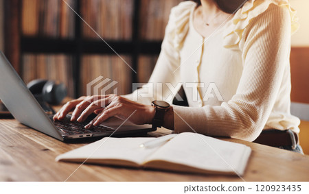 Hands, woman and typing on laptop at house for schedule, finance planning and mortgage application. Person, online and journal of financial budget, investment feedback and property insurance in Japan Hands, woman and typing on laptop at house for schedule, finance planning and mortgage application. Person, online and journal of financial budget, investment feedback and property insurance in Japan 120923435