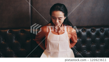 Japanese woman, waitress and apron at restaurant, job and getting ready for catering, ppe and thinking. Person, server and staff on break, career or prepare for cooking, reflection or gear at diner Japanese woman, waitress and apron at restaurant, job and getting ready for catering, ppe and thinking. Person, server and staff on break, career or prepare for cooking, reflection or gear at diner 120923611