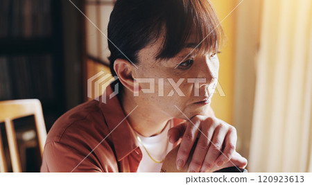 Thinking, senior and japanese woman with walking cane and sad memory with struggle to remember. Alzheimer, loss and grief from dementia news with solitude of lonely elderly person with disability 120923613