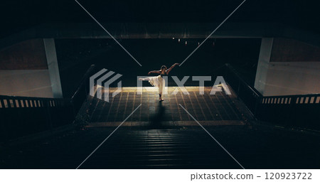 Ballet, dance and stairs with Japanese woman in city for balance, theater and elegant performance. Talent, artist and feminine with person or ballerina dancer at night for recital, music or practice 120923722