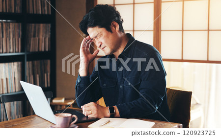 Asian man, headache and laptop with stress for vertigo, pain or anxiety in burnout at home. Japan, male person or freelancer with migraine or dizziness for mistake, debt or financial crisis at house 120923725