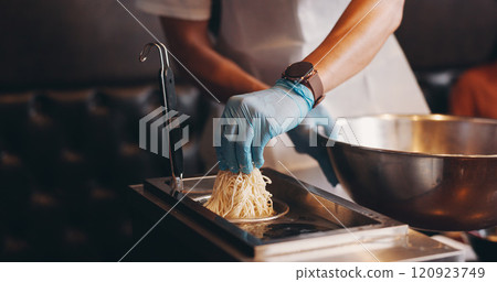 Japan, restaurant and hands boiling noodles for traditional cuisine, culinary culture and meal preparation. Chef, gloves and person steaming ramen in strainer for nutrition, cooking or healthy dinner Japan, restaurant and hands boiling noodles for traditional cuisine, culinary culture and meal preparation. Chef, gloves and person steaming ramen in strainer for nutrition, cooking or healthy dinner 120923749