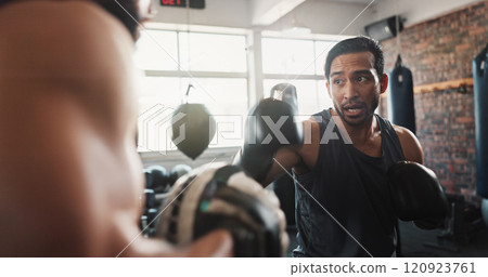 Boxing, man and personal trainer in gym with workout, power and training for sport and strength in wellness club. Coach, health and sweating athlete and boxer with exercise for fight and match 120923761