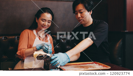 Japanese people, dough and meal prep with noodle cutter, cooking class and chef in cafe for lunch. Woman, man and culinary skill as customer in hospitality, diet and healthy food for traditional dish 120923774