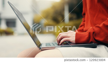 Man hands, laptop or typing in city for studying, planning or creative writing for travel blog in Japan. Japanese student, computer or network in Tokyo for social media post, journal editing or email 120923804