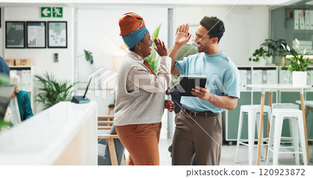 High five, smile and colleagues with tablet, celebration and happy with success in newsroom and journalist. Achievement, woman and man in office, collaboration and joy for accomplishment and online High five, smile and colleagues with tablet, celebration and happy with success in newsroom and journalist. Achievement, woman and man in office, collaboration and joy for accomplishment and online 120923872