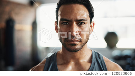 Man, sweat and portrait as serious for exercise, intense workout and wellness with power. Male person, bodybuilder and pride as athlete for health, challenge and training for fitness or sports in gym 120923906