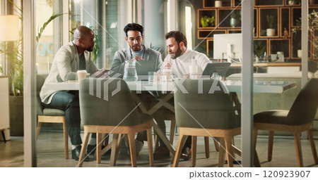 Corporate, men and meeting with laptop in boardroom for project research, teamwork and budget discussion. People, communication and report with proposal of planning, information and finance feedback Corporate, men and meeting with laptop in boardroom for project research, teamwork and budget discussion. People, communication and report with proposal of planning, information and finance feedback 120923907