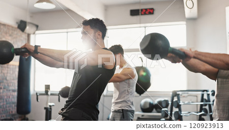 Fitness, kettle bells and men in gym with weights for bodybuilding training, exercise and workout. Sports, serious and people with weightlifting equipment for muscle strength, health and challenge Fitness, kettle bells and men in gym with weights for bodybuilding training, exercise and workout. Sports, serious and people with weightlifting equipment for muscle strength, health and challenge 120923913