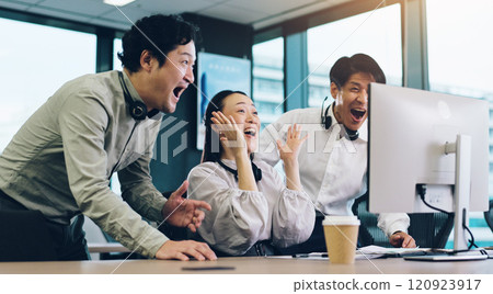 Employees, call centre and computer celebration in office, sales target and excited for promotion or bonus. People, telemarketing success and team cheering in Japan, consultants and online victory Employees, call centre and computer celebration in office, sales target and excited for promotion or bonus. People, telemarketing success and team cheering in Japan, consultants and online victory 120923917