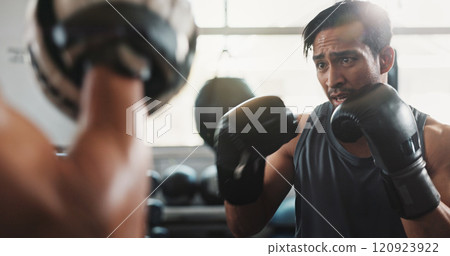 Boxing gloves, men and personal trainer in gym with workout, power and training for sport and strength in wellness club. Coach, health and sweating athlete and boxer with exercise for fight and match Boxing gloves, men and personal trainer in gym with workout, power and training for sport and strength in wellness club. Coach, health and sweating athlete and boxer with exercise for fight and match 120923922