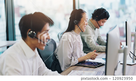 Customer service, call center and Asian business people on computer for contact, online help and consulting. Coworking, Japan office and workers for communication, CRM support and telemarketing 120923950