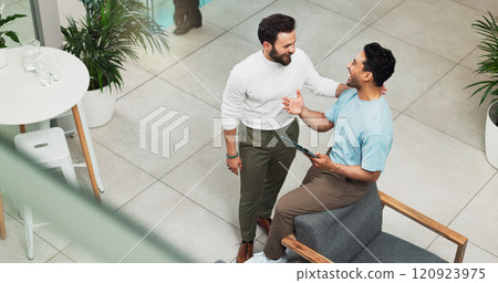 Above, business people and men in office, tablet and conversation with planning. Employees, insurance agency and coworkers with technology, discussion and talking with schedule, cooperation and funny Above, business people and men in office, tablet and conversation with planning. Employees, insurance agency and coworkers with technology, discussion and talking with schedule, cooperation and funny 120923975