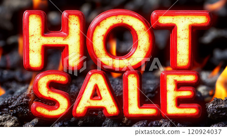 "Hot Sale" text appears in bold on a fiery background. Concept emphasizes urgency in shopping. For marketing promotions 120924037