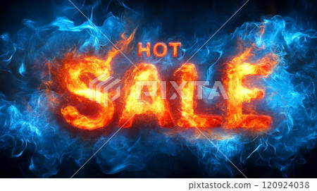 HOT SALE text in fiery orange with blue flames around. Concept of promotion, excitement, and urgency. For digital marketing campaigns 120924038