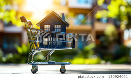 A small model house sits in a shopping cart outdoors in the sunlight. Concept of real estate investment and home buying. For real estate marketing images. A small model house sits in a shopping cart outdoors in the sunlight. Concept of real estate investment and home buying. For real estate marketing images. 120924051