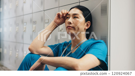 Japanese, woman and nurse with stress in hospital of healthcare fatigue, medical mistake and burnout risk. Surgeon, depression and anxiety for surgery crisis, bad news and treatment disaster in Japan 120924067