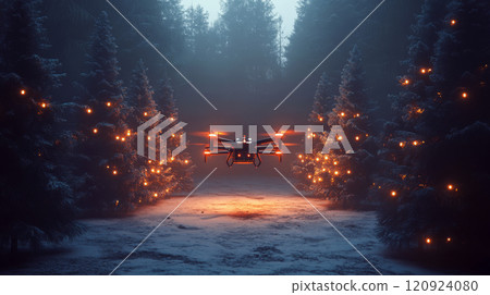 Drone hovers in a snowy forest surrounded by illuminated trees. Concept of technology blending with nature. For winter holiday promotions 120924080