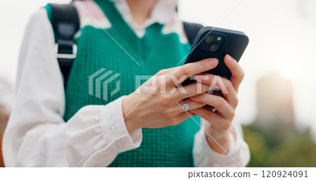 Phone, hands and woman in city typing for communication, networking or contact on mobile app. Closeup, cellphone and student with email for university test results online outdoor in town in Japan. 120924091