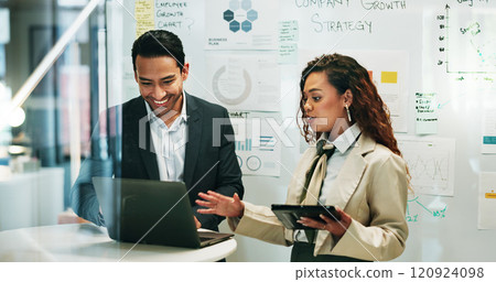 Team, happy business people and laptop for brainstorming, planning strategy or company growth. Tablet, collaboration and discussion of ideas for revenue increase, sales stats or market expansion data Team, happy business people and laptop for brainstorming, planning strategy or company growth. Tablet, collaboration and discussion of ideas for revenue increase, sales stats or market expansion data 120924098