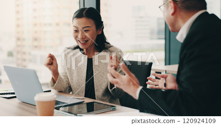 Japanese, excited or people on laptop for success, email approval or funding review at law firm office. Teamwork, celebrate or lawyers in meeting with legal report, case victory or profit portfolio 120924109