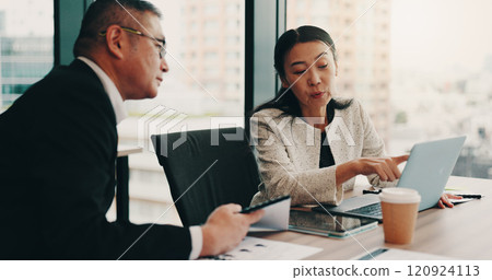 Japanese, lawyers or people on laptop in office with schedule, paperwork or funding review. Teamwork, project or research in meeting at law firm with legal report, case feedback or profit portfolio 120924113