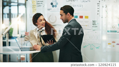 Team, business people and laptop for brainstorming, planning strategy and company growth. Tablet, collaboration and discussion of ideas for revenue increase, finance stats and profit expansion data 120924115