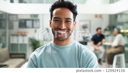 Smile, portrait and creative business man, employee and content writer coworking in startup office. Face, happy entrepreneur and confident professional worker at enterprise for career opportunity 120924116