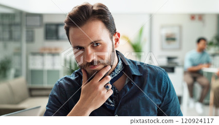 Portrait, thinking and man for pride in office of about us, creative startup and career growth of opportunity. Male person, exhibit designer or confident of art experience, gallery project and agency 120924117