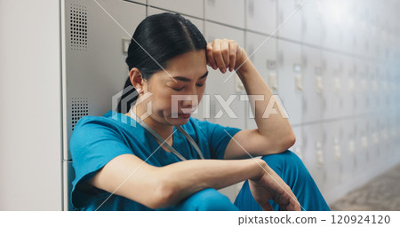 Tired, woman and surgeon with headache in hospital of healthcare stress, medical mistake and burnout risk. Nurse, depression and anxiety for surgery crisis, bad news and treatment disaster in Japan Tired, woman and surgeon with headache in hospital of healthcare stress, medical mistake and burnout risk. Nurse, depression and anxiety for surgery crisis, bad news and treatment disaster in Japan 120924120