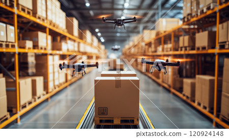 Drones hover over a package in a large warehouse. Concept logistics and automation. For technology presentations 120924148