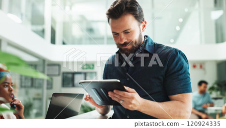 Scroll, thinking and man in office with tablet, email and planning online schedule at creative agency. Email, research and design consultant with digital app for business agenda, website or ideas 120924335