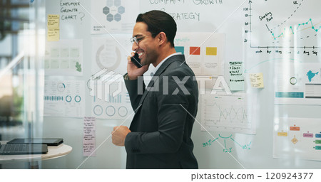 Man, phone call and whiteboard in office for business, planning and presentation review. Presenter, technology and chat in boardroom for strategy, company update or financial feedback for development 120924377