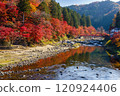 Autumn leaves reflected on the river surface - Korankei, a famous autumn foliage spot in Aichi Prefecture 120924406