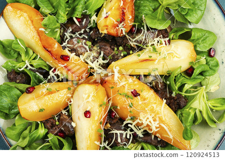 Pear and chicken liver salad. Pear and chicken liver salad. 120924513