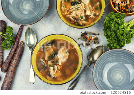 Tasty and healthy hot chicken broth, soup. 120924516