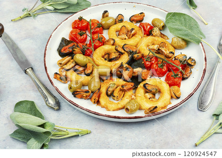 Seafood, calamari rings and mussels. Seafood, calamari rings and mussels. 120924547
