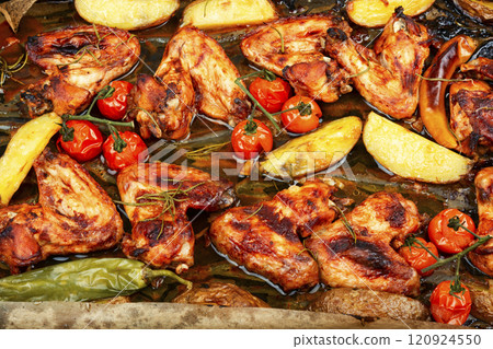 Barbecue chicken wings with sage. Barbecue chicken wings with sage. 120924550