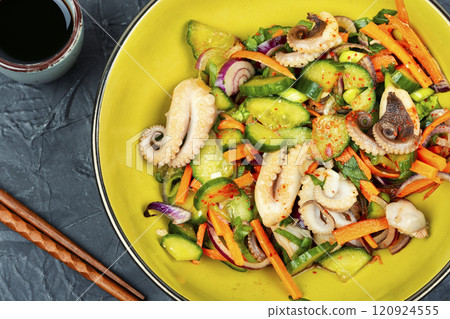Spicy squid vegetables with in plate on table Spicy squid vegetables with in plate on table 120924555