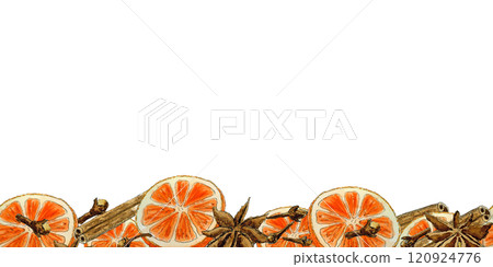 Watercolor board with sketch of orange slices, cinnamon stick, star anise and cloves 120924776