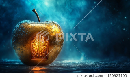 Golden apple with ornate window glowing in blue mist, fantasy concept 120925103