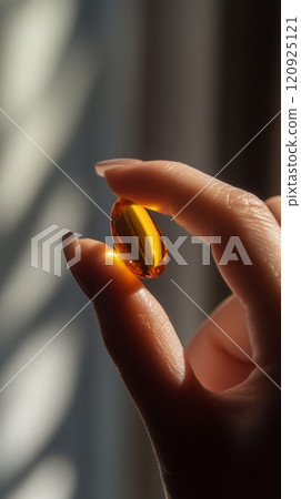 Close-up of hand holding orange capsule, sunlight reflection. Health and wellness concept 120925121