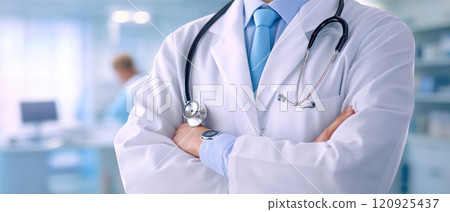 medical professional in white coat with stethoscope exudes confidence and care medical professional in white coat with stethoscope exudes confidence and care 120925437