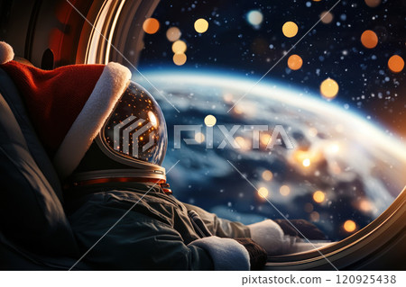 cute penguin astronaut in Christmas hat gazes at Earth from space, evoking wonder cute penguin astronaut in Christmas hat gazes at Earth from space, evoking wonder 120925438
