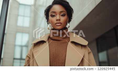 A black woman in a beige trench coat and mocha knitted turtleneck sweater, in front of modern city 120925445