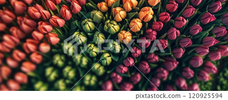 Colorful tulip arrangement from above, floral pattern. Nature and beauty concept 120925594