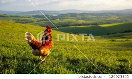 Rooster standing on green hill in countryside landscape at sunset, peaceful rural scene 120925595