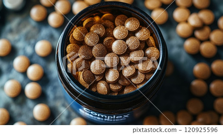 Brown vitamin tablets in an open jar, top view. Health and wellness concept Brown vitamin tablets in an open jar, top view. Health and wellness concept 120925596