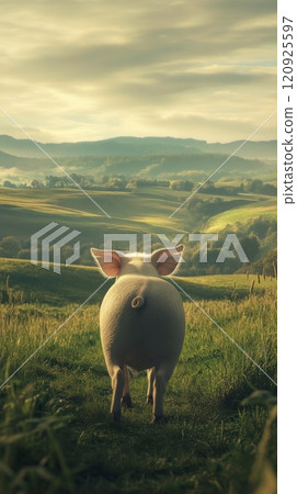 Pig in a green meadow with rolling hills under cloudy sky. Tranquil countryside and rural life concept Pig in a green meadow with rolling hills under cloudy sky. Tranquil countryside and rural life concept 120925597